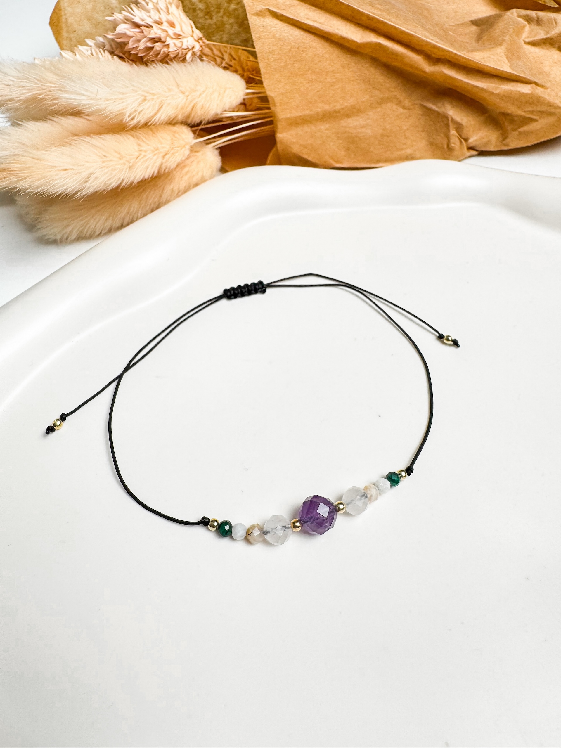 MIŁOŚĆ bransoletka z Różowym kwarcem, Kamieniem księżycowym, Opalem, Ametystem i Malachitem